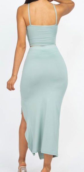 Cami Crop & Ruched Side Split Hem Midi Skirt