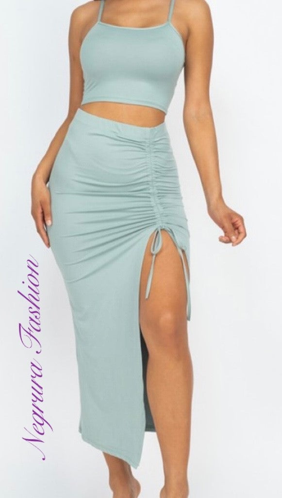 Cami Crop & Ruched Side Split Hem Midi Skirt