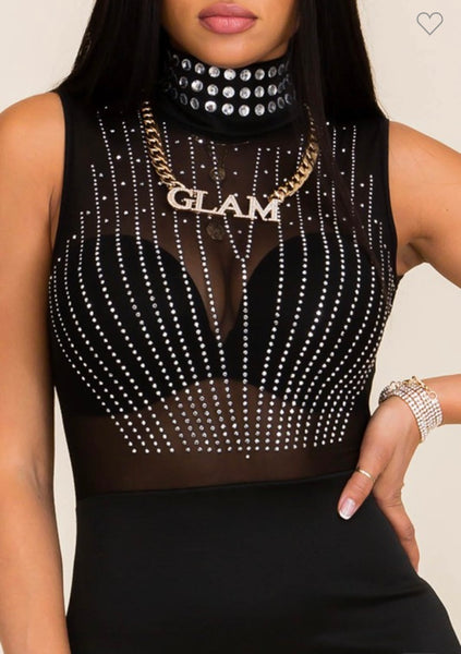 High Neck-Mesh Rhinestone Sleeveless Mini Dress